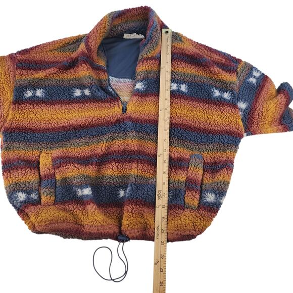 Yellow Striped Sweater Womens Medium Faux Fur Fuzzy Cropped Blue Western Boho - Picture 13 of 14